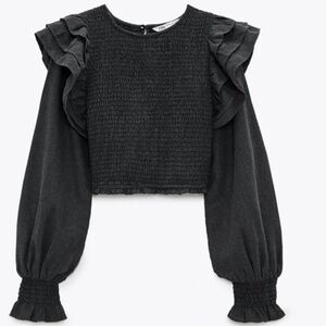 Zara Ruffle Shoulder Smocked Crop Top Long Sleeve Dark Gray
